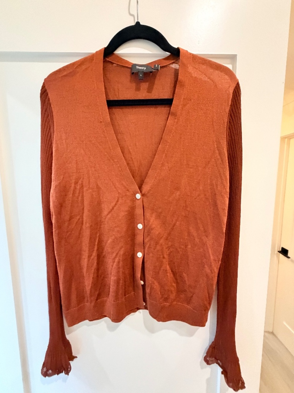 Theory Rich Brown Cardigan with fluted sleeve - size large.